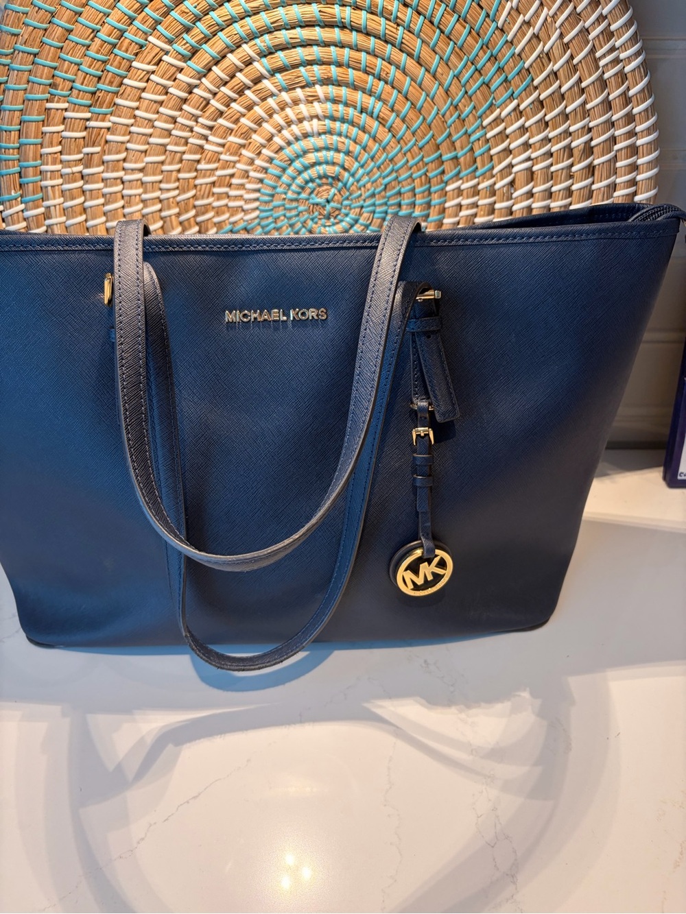 Michael Kors Navy Saffiano Tote with Gold MK Charm